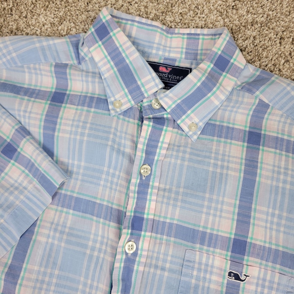 Vineyard Vines Slim Fit Tucker Mens Medium Blue Plaid Button Down Short Sleeve